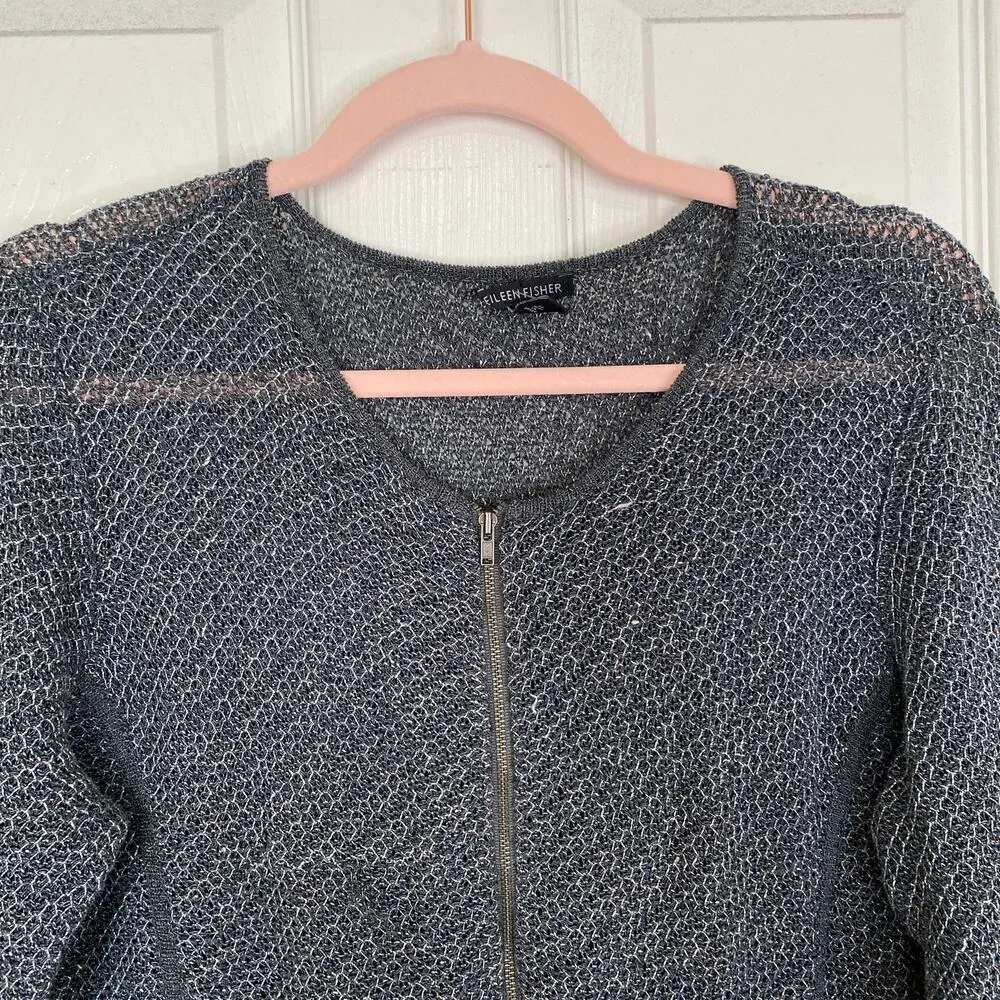 EILEEN FISHER Cropped Jacquard Zip-Front Jacket Cardigan Gray Size Medium - Image 4