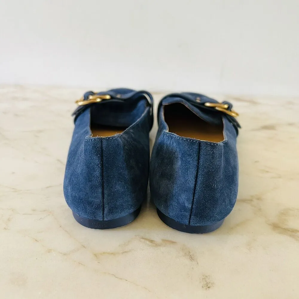 TORY BURCH Solid Blue Suede Smoking Flat Flats Gold Logo Buckle - US 7.5 - Image 9
