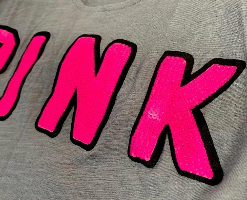 VS Pink sequin logo gray pink black graphic tee cropped tank - Image 4