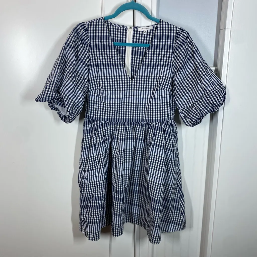 Madewell Poplin V-Neck Bubble-Sleeve Mini Dress in Plaid size 8 preppy classic - Image 3