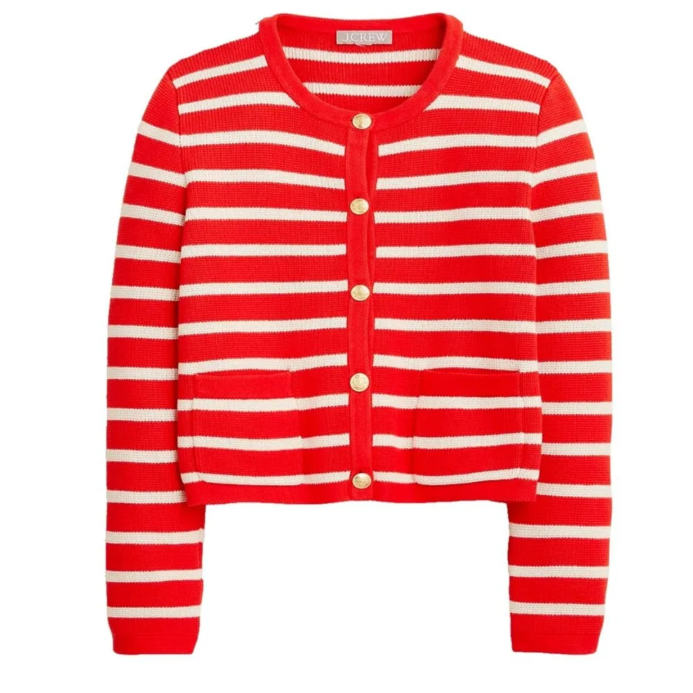 NWT J.Crew Emilie Sweater Lady Jacket in Red Ivory Stripe Knit Cardigan XS - Image 4