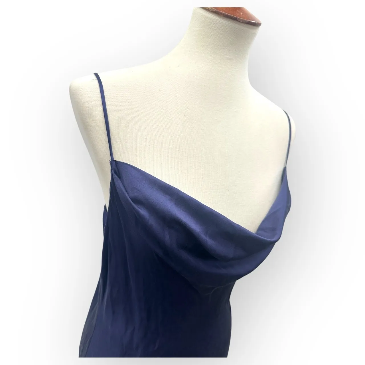 Vintage Victoria's Secret 90's Navy Blue Cowl Neck Spaghetti Silk Slip Dress - Image 9