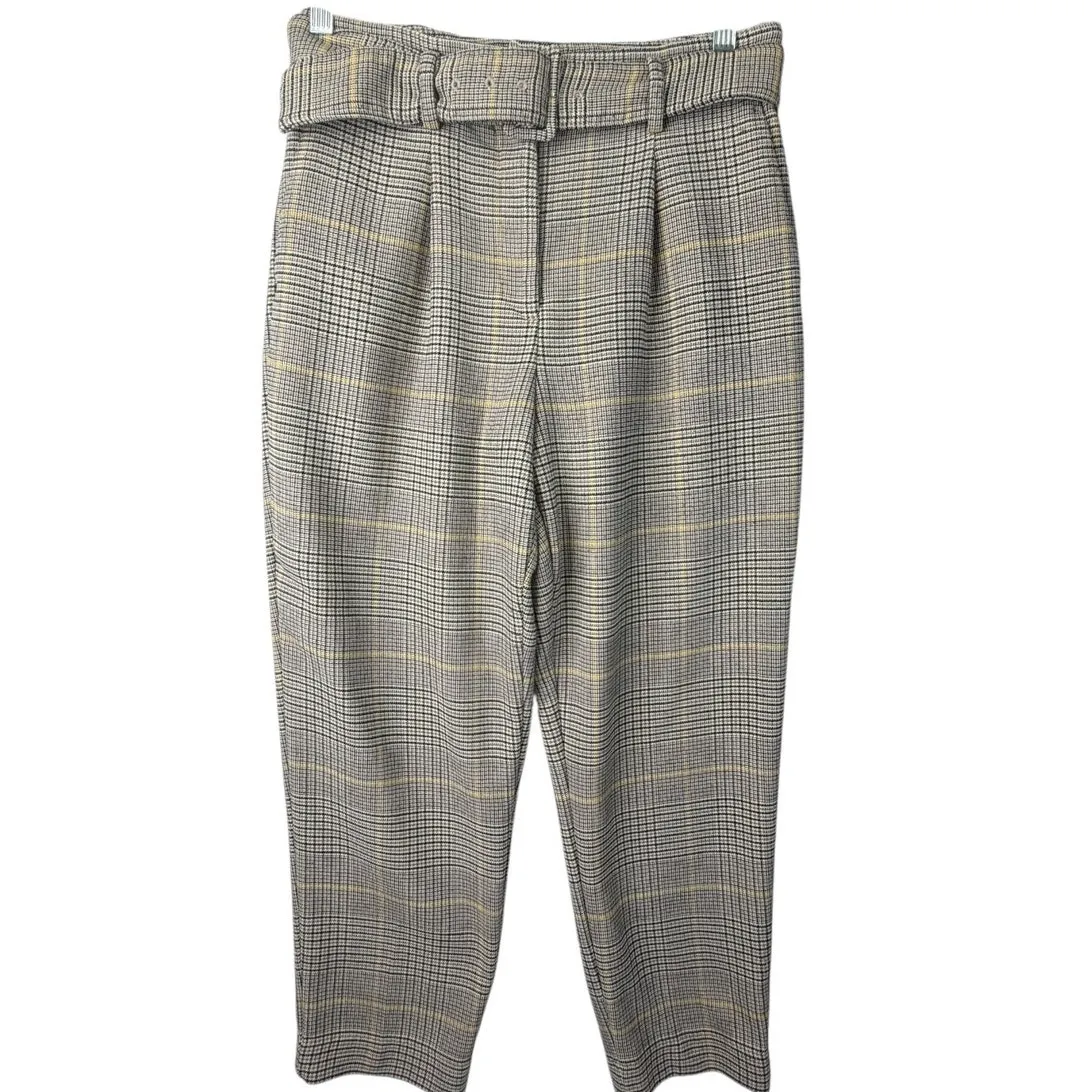 Ann Taylor Petite Plaid Paperbag Pants 4P Belted Cropped Neutral Check Preppy - Image 2