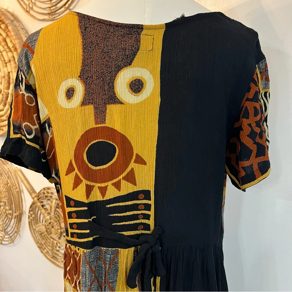 Vintage Pelican Cove 90s Boho Patchwork Rayon Midi Dress Festival Earthy Large Black - Image 9