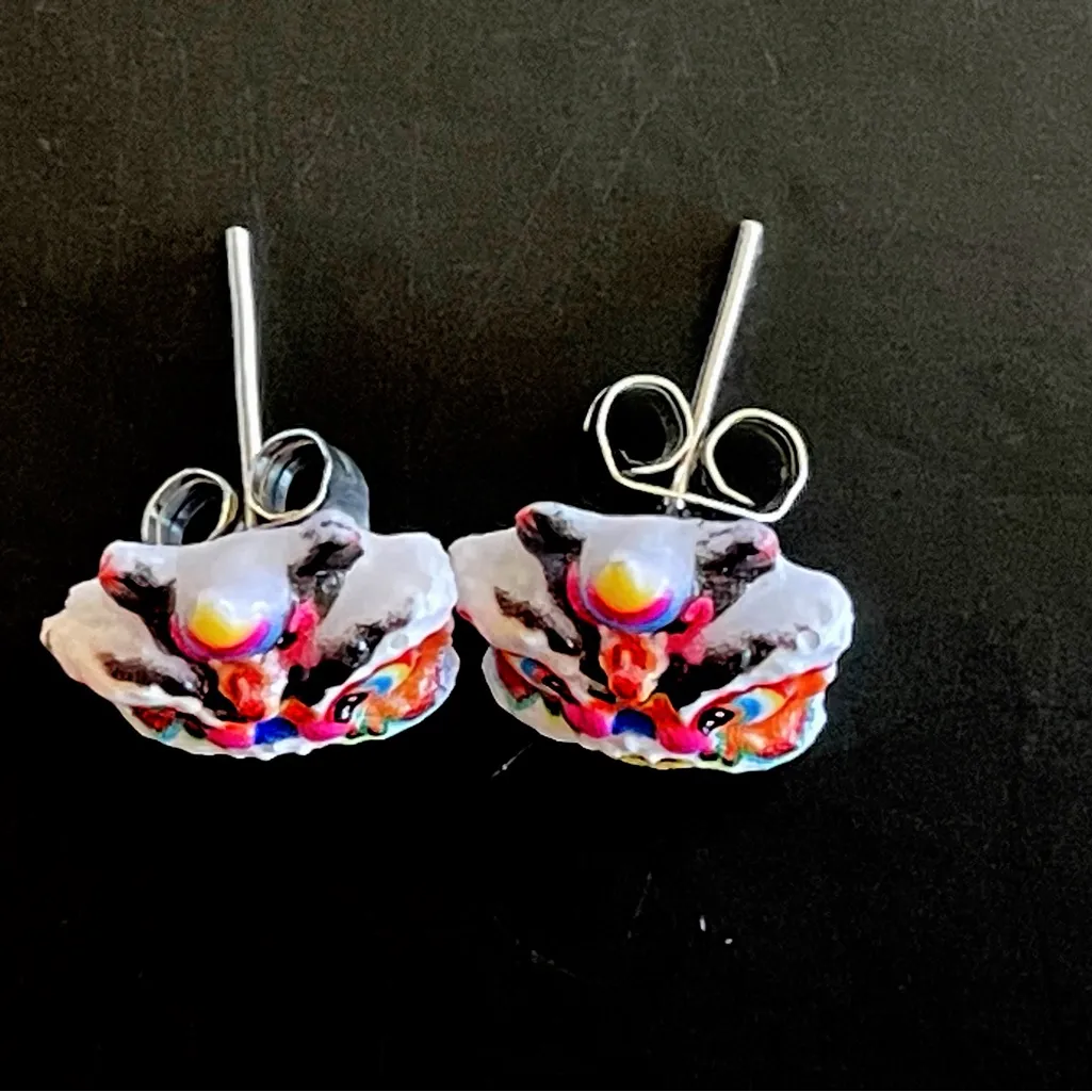 Colorful Chinese Lion lucky black stud Dragon Mask Earrings cute small gift new Red - Image 2