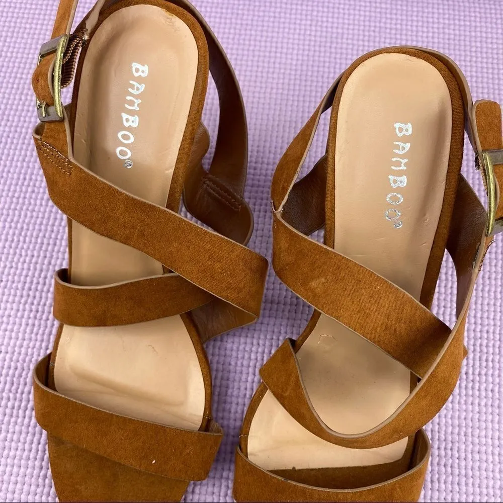 Bamboo Microfiber Strappy Block Heel Sandals Cognac Brown 8.5 - Image 10
