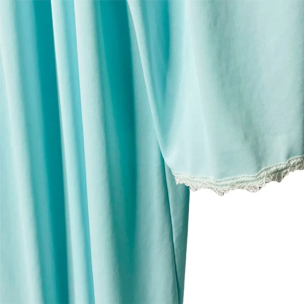 Vintage Housecoat Robe Womens Satin Long Embroidered Flowers Pocket Size L u Blue - Image 2