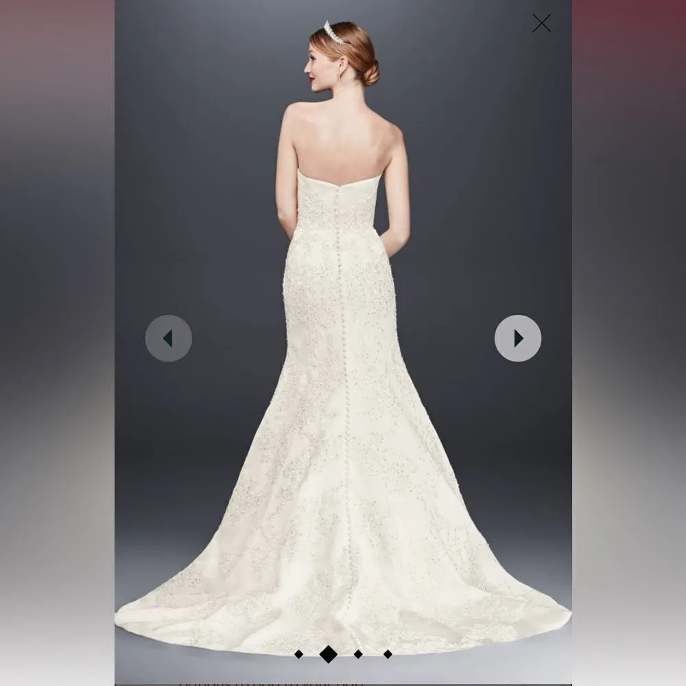 oleg cassini satin lace strapless trumpet beaded wedding‎ dress 6 - Image 2