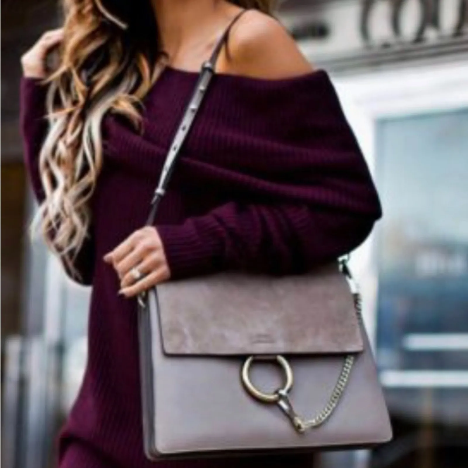 Chloe Authentic Faye Medium Shoulder Bag Genuine Leather Motty Gray - Image 15