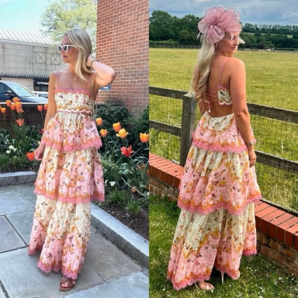 RARE  Zimmermann Laurel Lace Up Floral Pink Frill Maxi  Dress Size AU3/L - Image 3