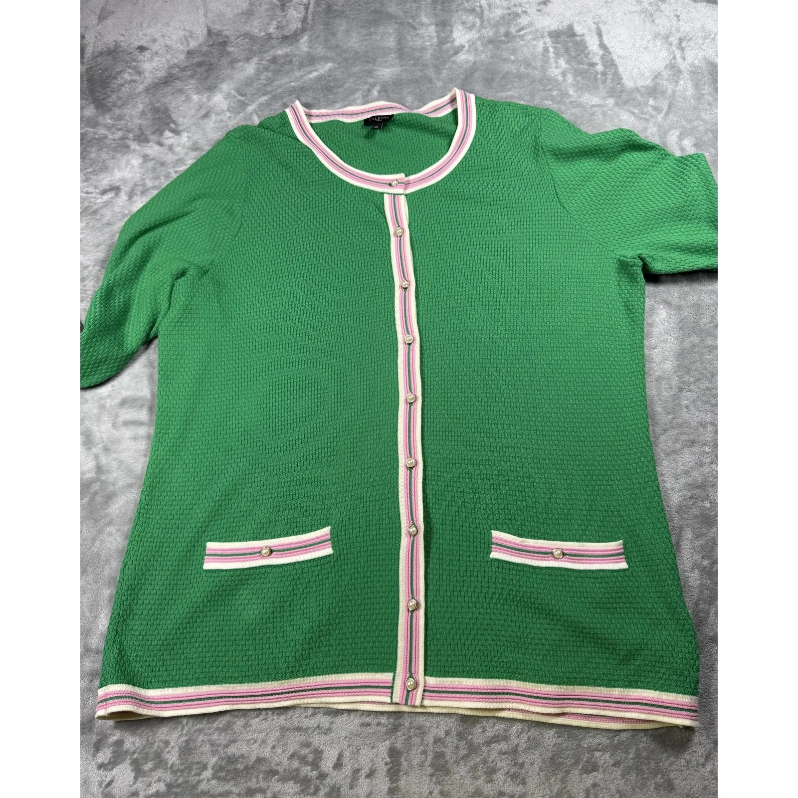 Talbots Cardigan Sweater Womens 1X‎ Green Pink Stripe Trim Pearl Button Pockets - Image 4
