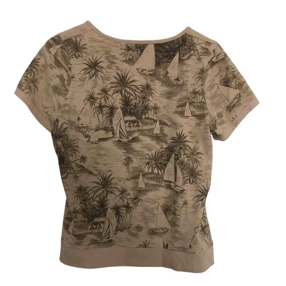 Liz Claiborne Beige Tan Tropical Beach Short Sleeve Casual Tee T-Shirt Top - Image 5