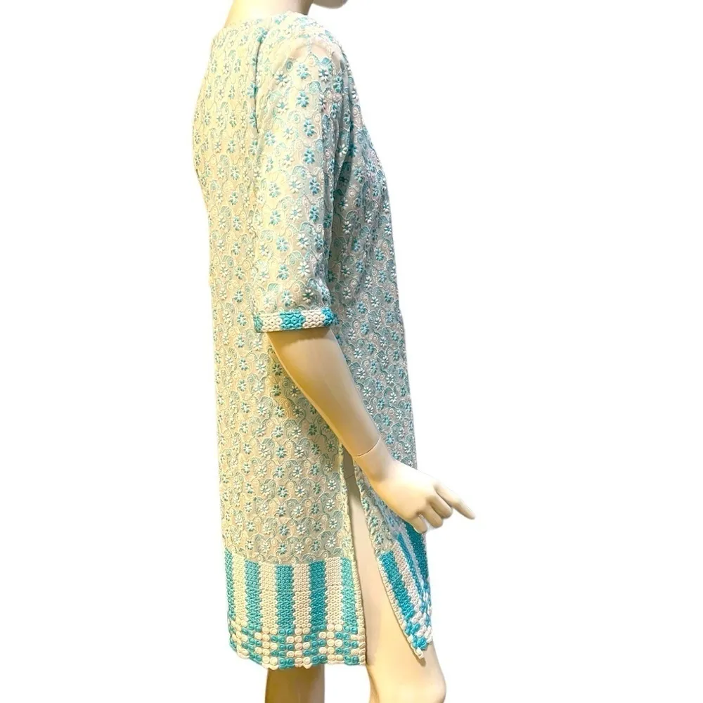 Kaira Split Neck Embroidered Floral Turquoise White Tunic Kurata XL Blue - Image 4