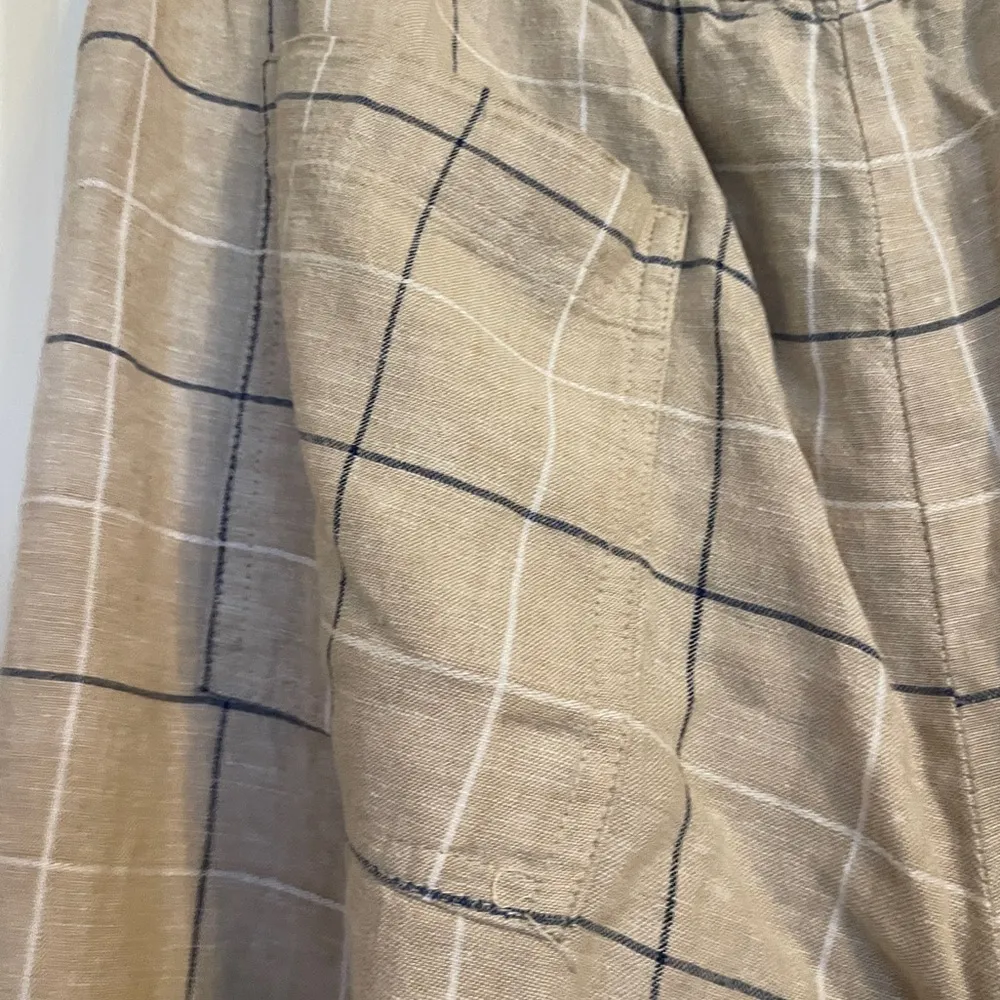 Zac and Rachel Beige Navy Plaid Wide Leg Linen Rayon Blended Pants Sz Large Tan - Image 4