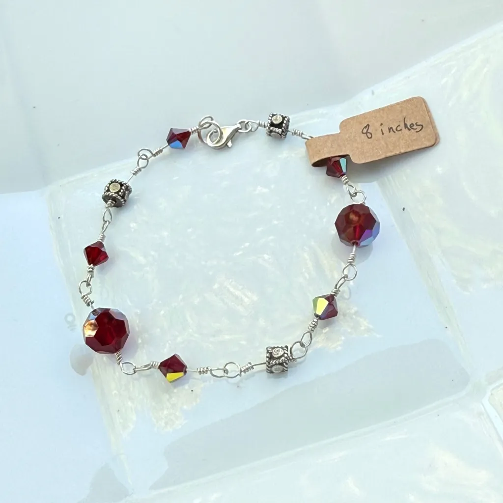 Hand Crafted Sterling Silver Red Crystals & Metal Beads Chain Bracelet - Image 2