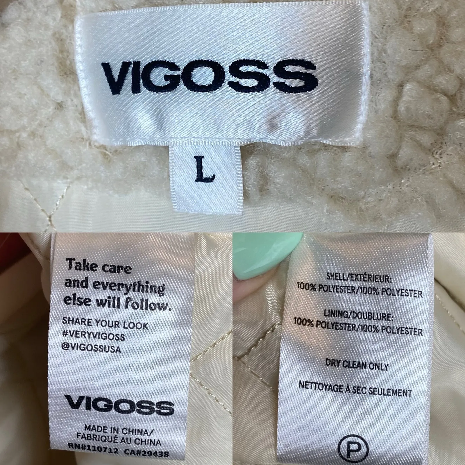 Vigoss Sherpa Teddy Coat Jacket Cream size Large - Image 5