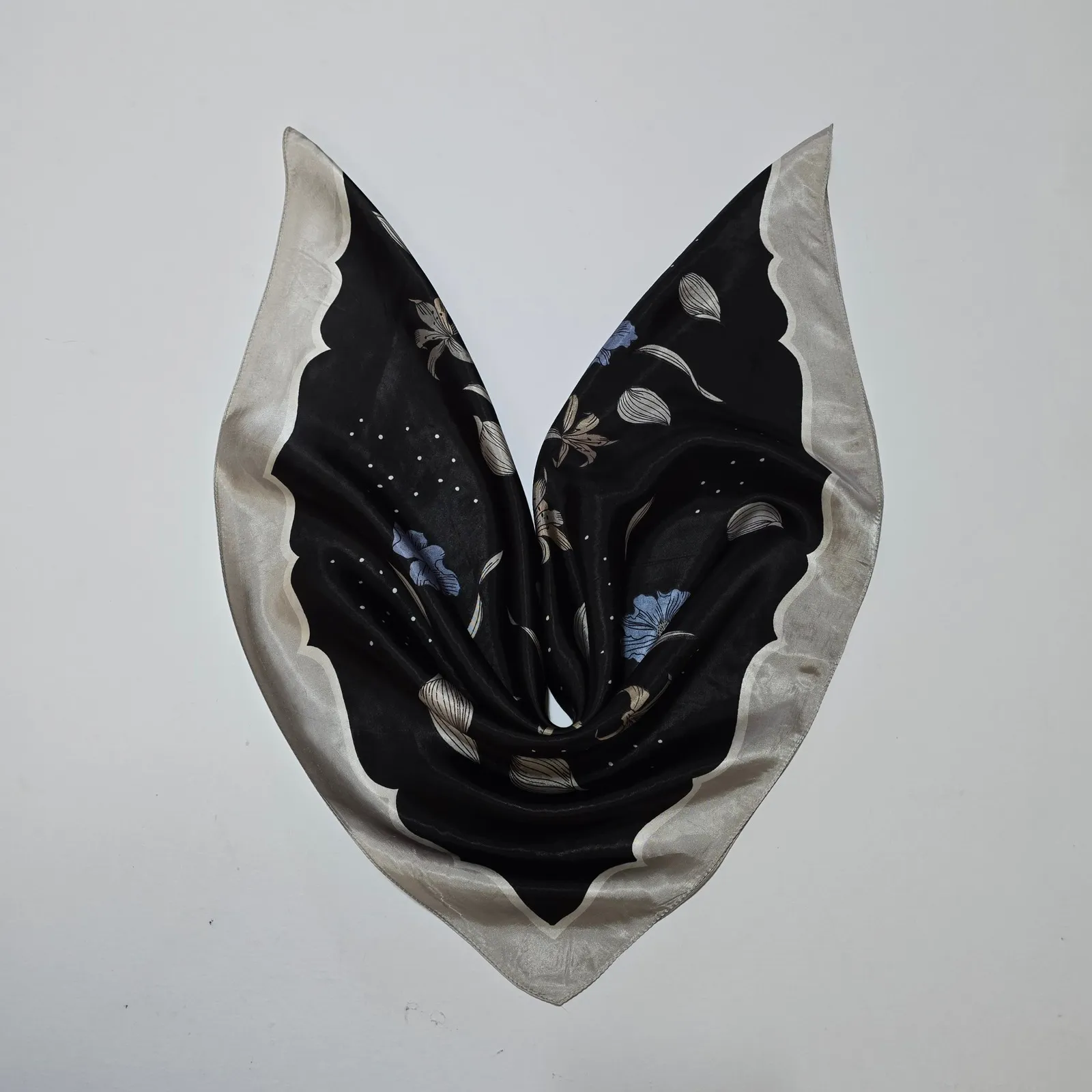 Vintage Satin Floral Scarf Black Blue Square Neck Head Bandana Kerchief Silver - Image 2