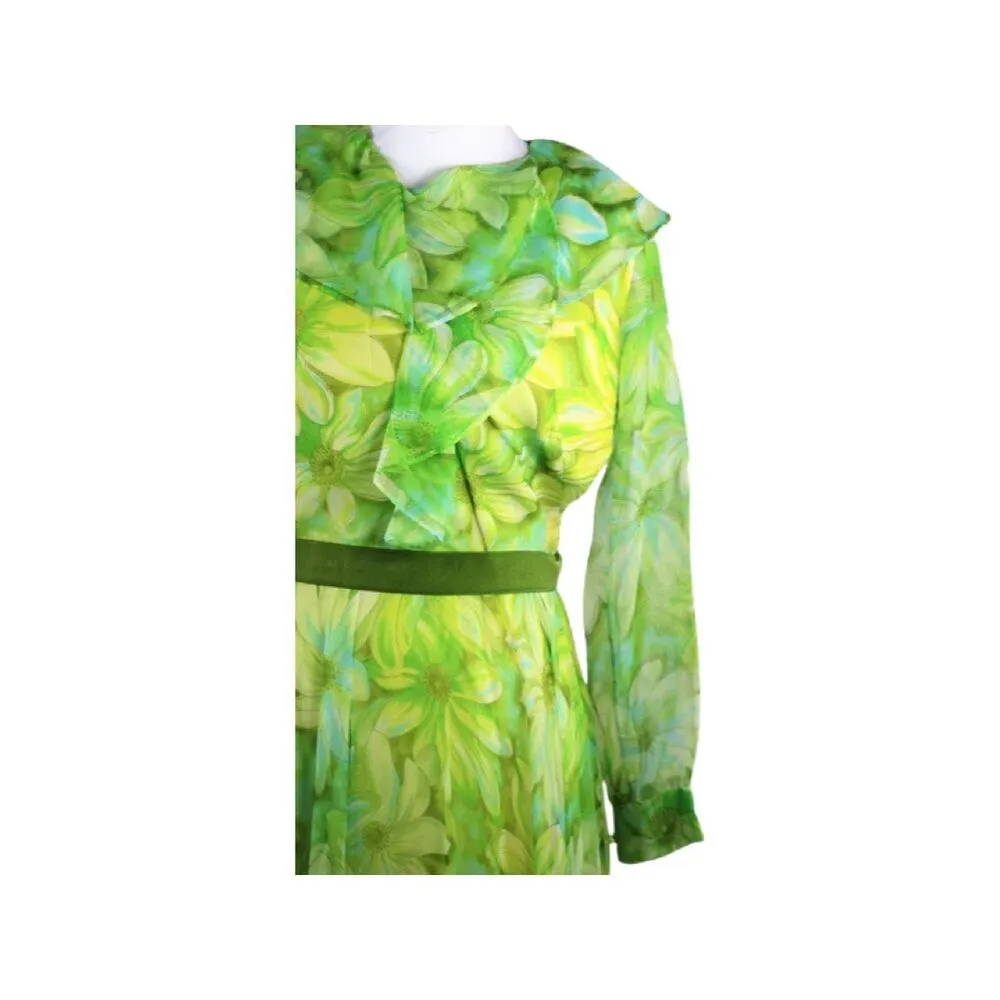 Vintage 1970s Jack Bryan Green Floral Print Chiffon Maxi Dress Medium - Image 3