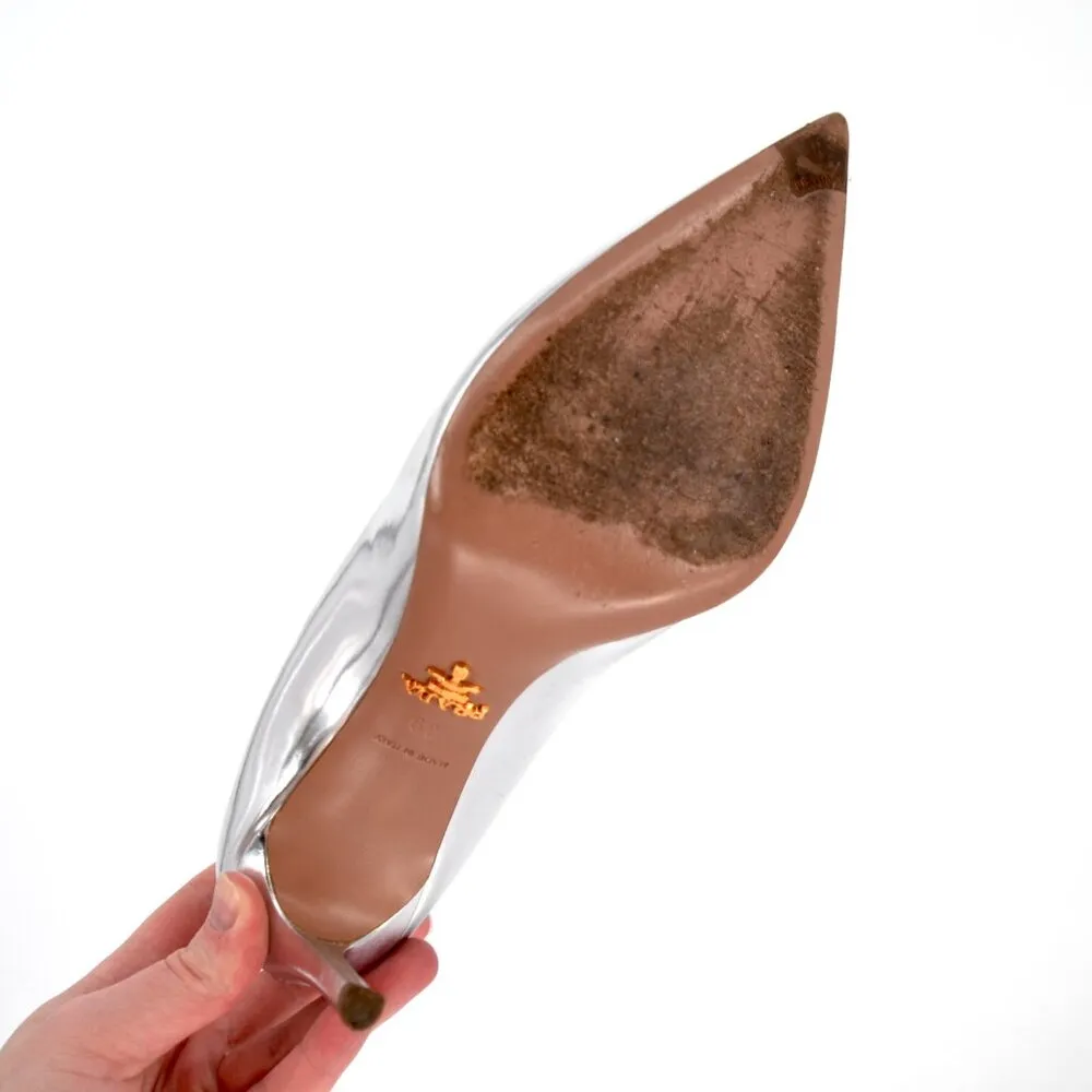 PRADA Silver Metallic Pointed Toe Pumps Stiletto High Heels Leather Size 39 - Image 8