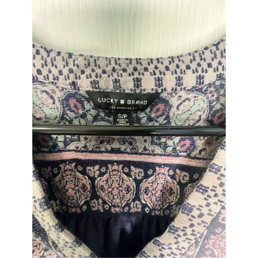 Lucky Brand Boho Patterned V-Neck High/Low Short Sleeve Shirt - Image 3