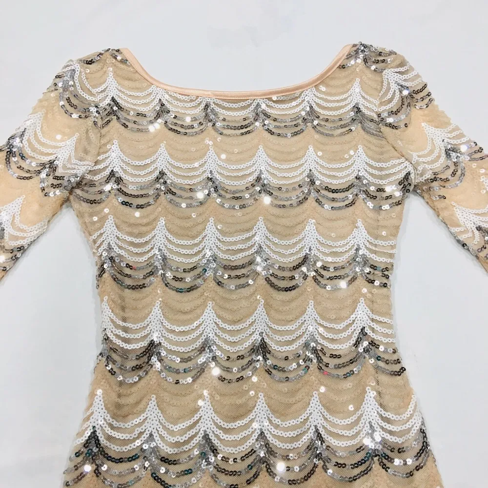 NWT Beige Black Silver Sequin Scallop Dress 3/4 Sleeves Crystal Doll Prom Bride - Image 4