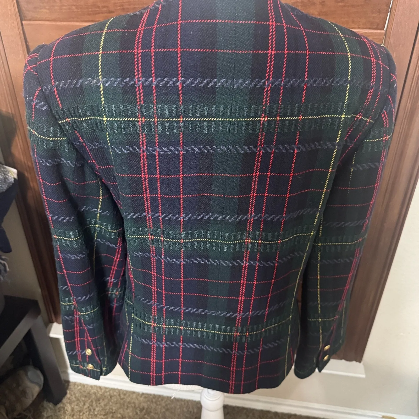 Kasper ASL Wool Plaid Blazer 14 Navy blue green Jacket Old Money Gold buttons - Image 10