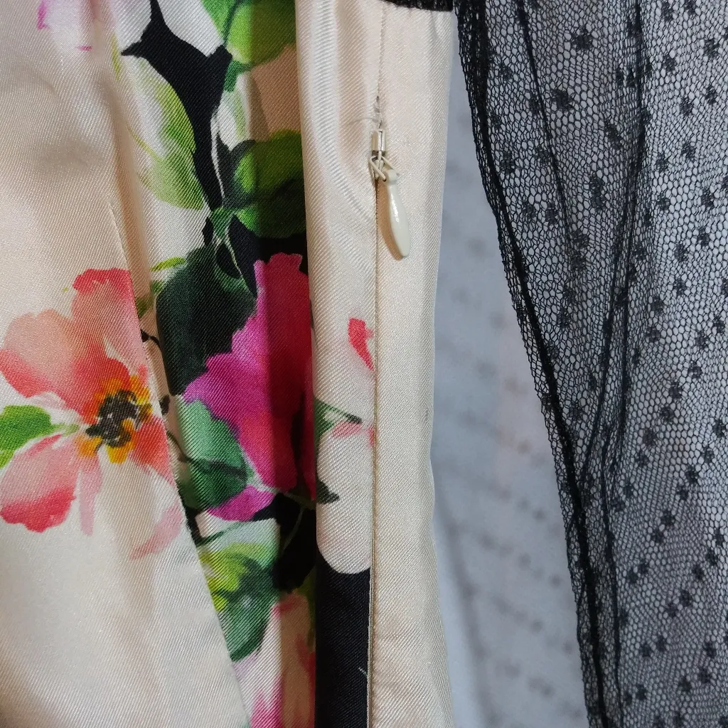 Blumarine Silk Floral Dress with Sheer Black Sleeves Luxury Feminine Size Small - Image 4