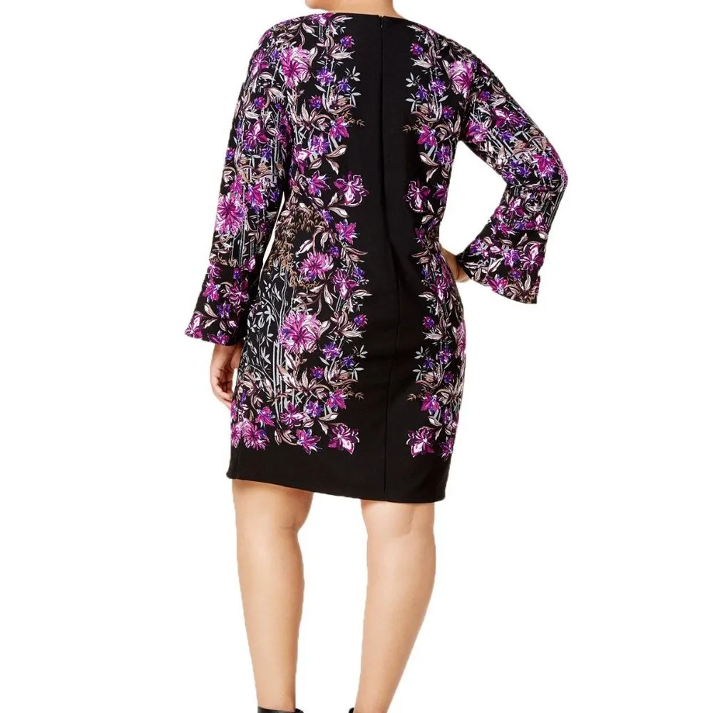 INC women's 2X bell sleeved stretchy floral deep v-neck "Bamboo Blossom" dress - Image 2
