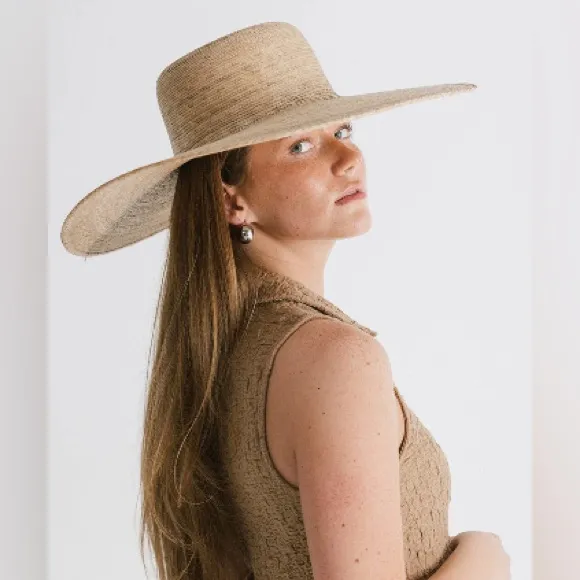 Gigi Pip Jae Wide Brim Boater Straw Hat Sun Protect Vacation Resort Palm Straw Tan - Image 15