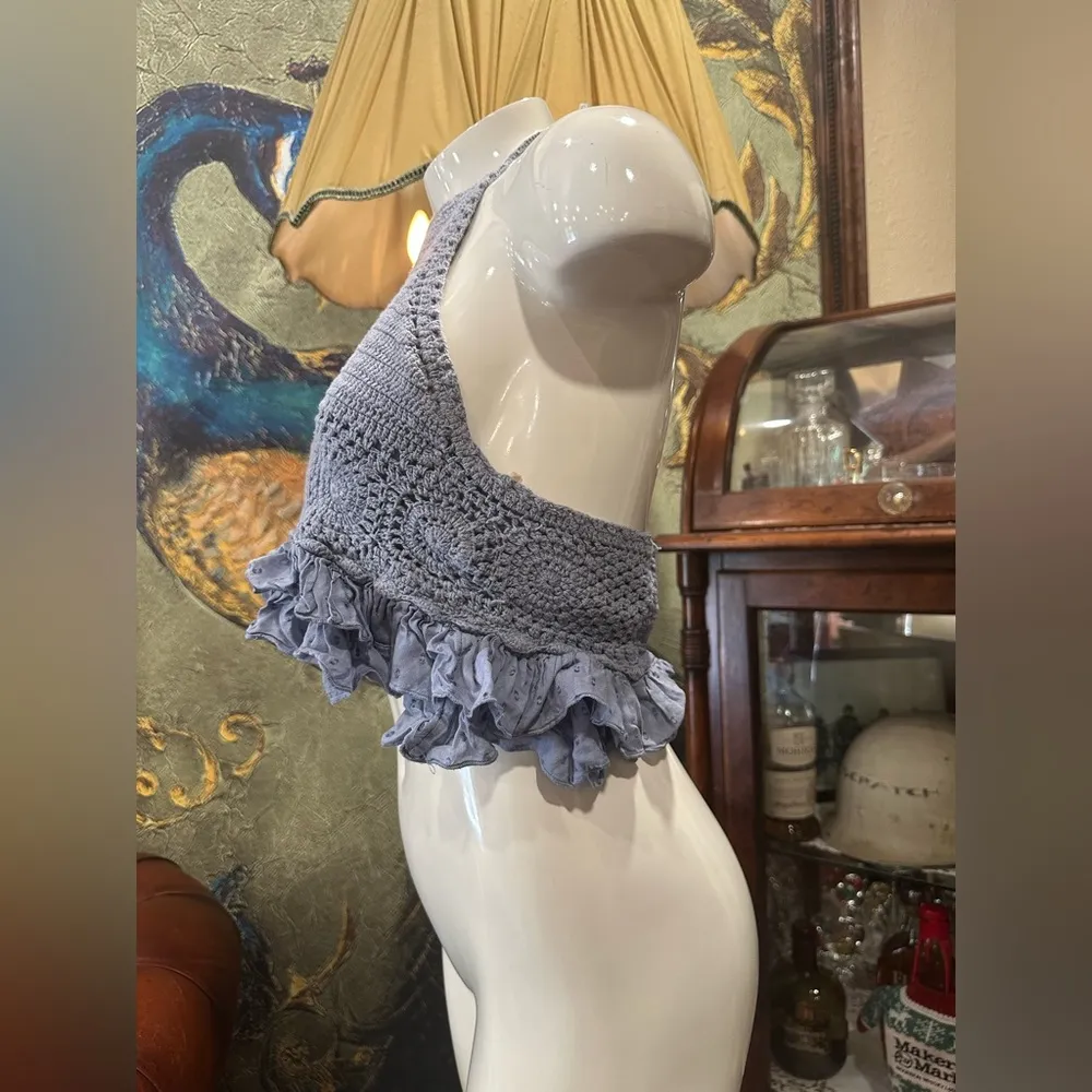 GUC LIGHT BLUE Crochet Halter Top with bottom ruffles Gray Size L - Image 4