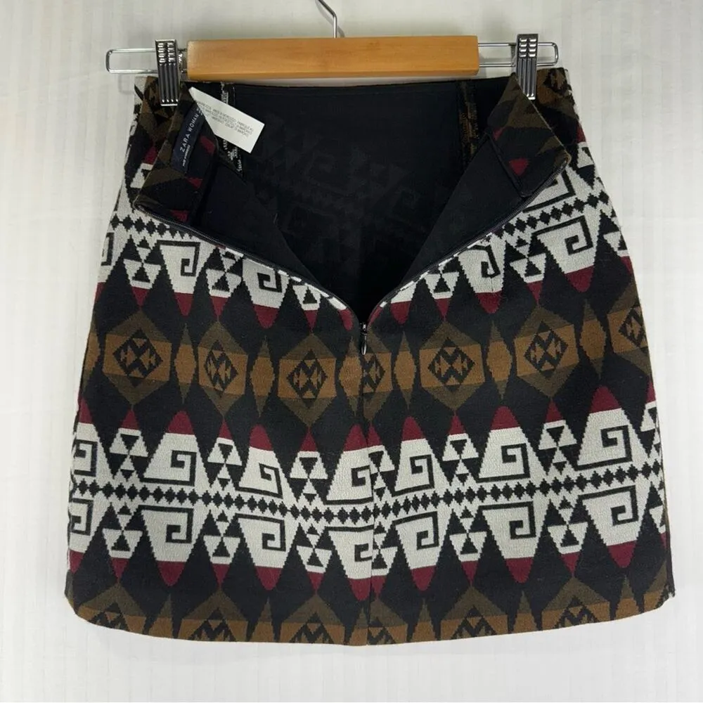Zara Aztec Tribal Tiki Print Wrap Mini Skirt Women’s Size Small Sienna Brown - Image 3