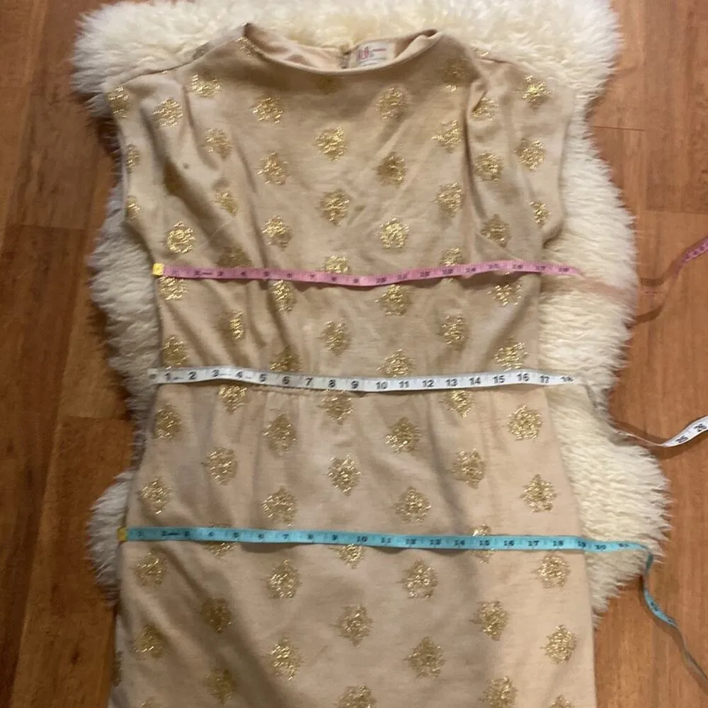 R & K Originals Vintage Short Cap Sleeve Midi Dress Tan & Gold Threaded Sz Small - Image 9