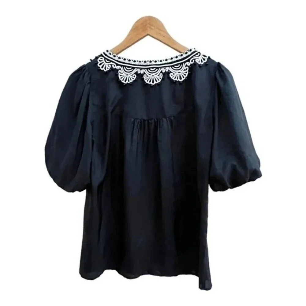 Nanette Lepore Silk Blouse Embroidered‎ Beaded V-neck Balloon Sleeves Size 2​​ - Image 4