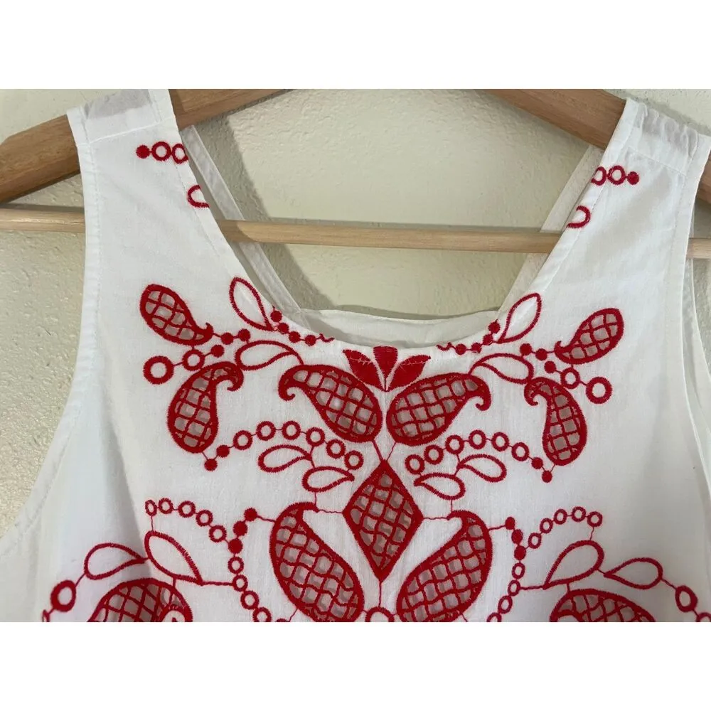 Women's Size S Red White Embroidered 100% Cotton Tie Back Blouse Boho Festival - Image 3