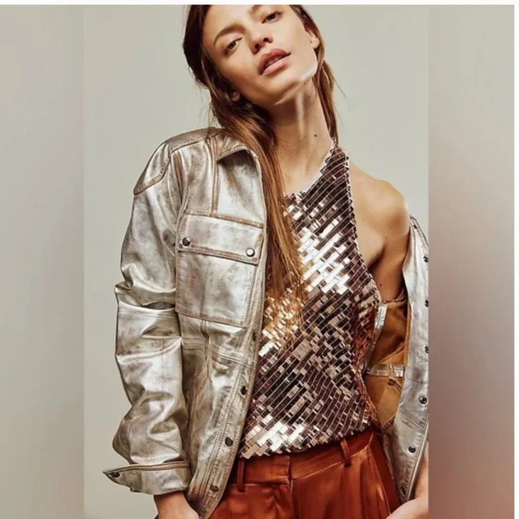 NWOT Free People Cami Disco Fever Top Gold - Image 2