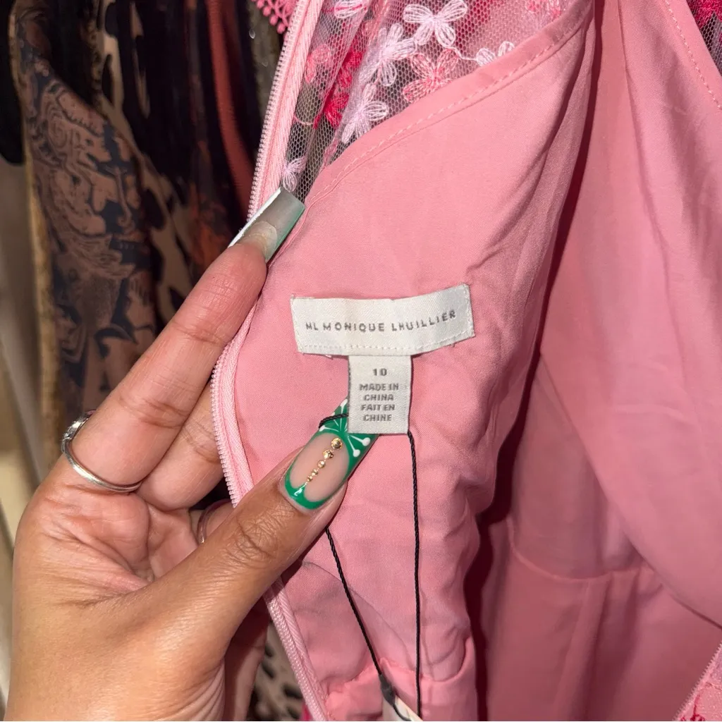 ML Monique Lhuillier Gathered Embroidered Tulle Mini Dress Pink Floral Fit Flare - Image 12