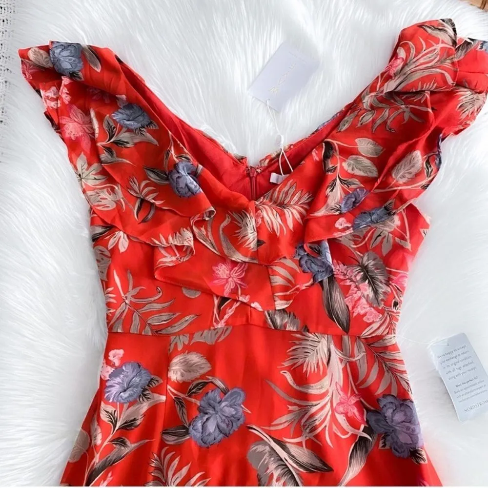 WAYF Chelsea Tiered Ruffle Maxi Dress Red Tropical Flutter Sleeves Floral NEW 1X - Image 8