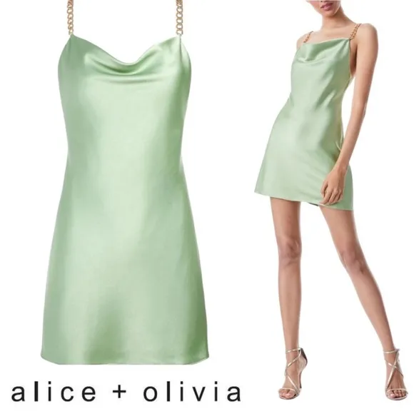NWT Alice and Olivia Harmony Chain Strap Drapey Slip Mini Dress Size 2 Green - Image 2
