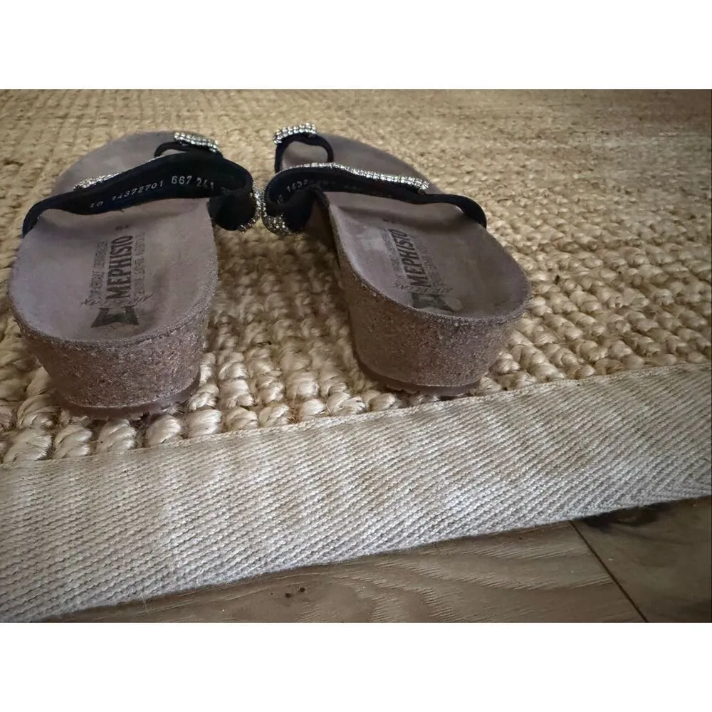 Mephisto Helen Spark Sandals 38 Black Rhinestone Cork Wedge Comfort Slides Size 7.5 - Image 2