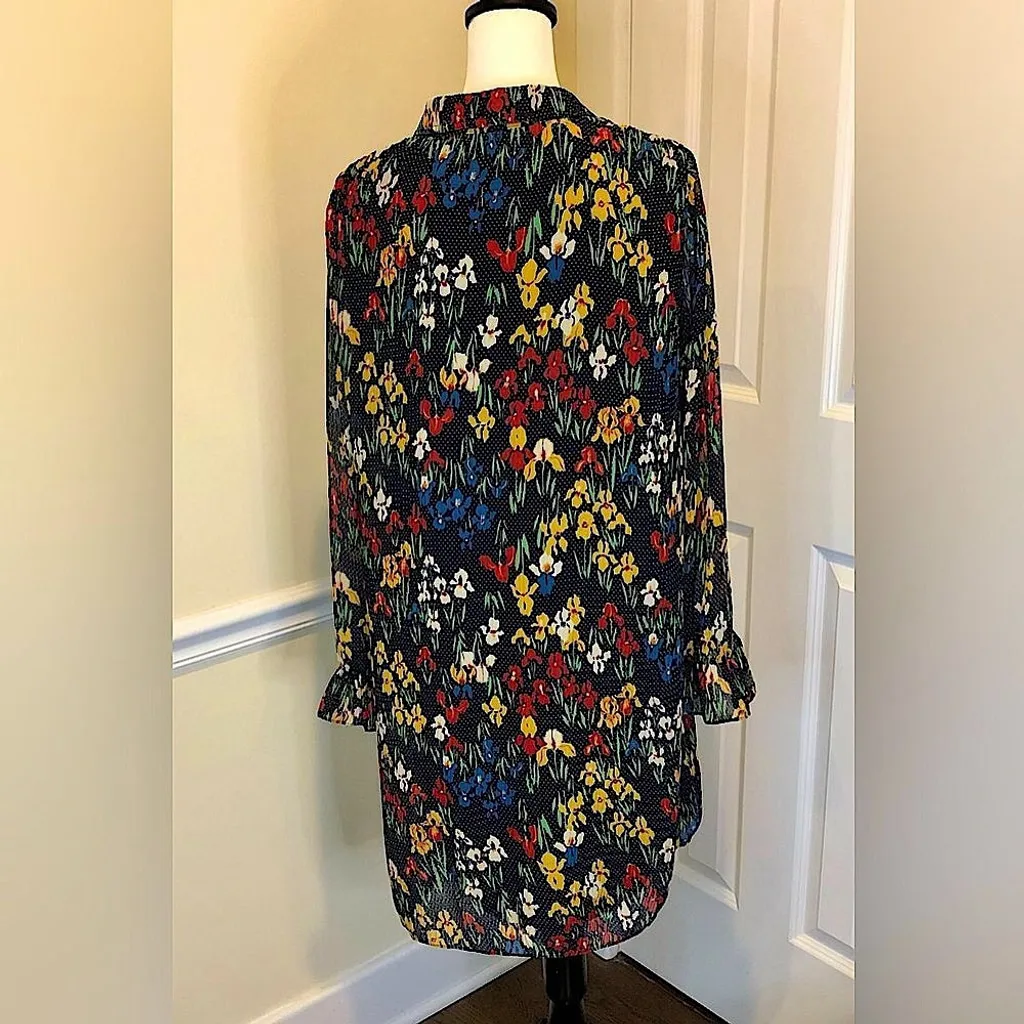 TORY BURCH Navy Polka Dot Multicolor Iris Flowers & Pearlized Buttons Dress - Image 8