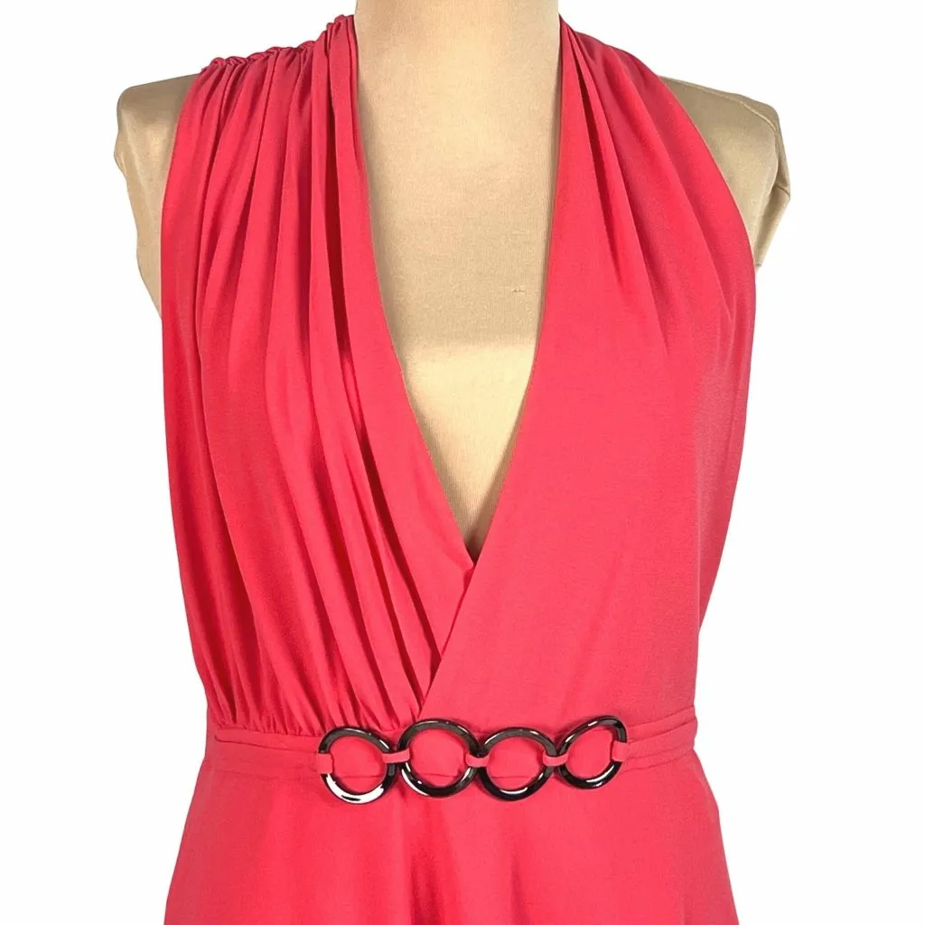 Halston Heritage Coral Crepe Halter Cocktail Dress 6 Gunmetal Gray Ring Belt New - Image 4