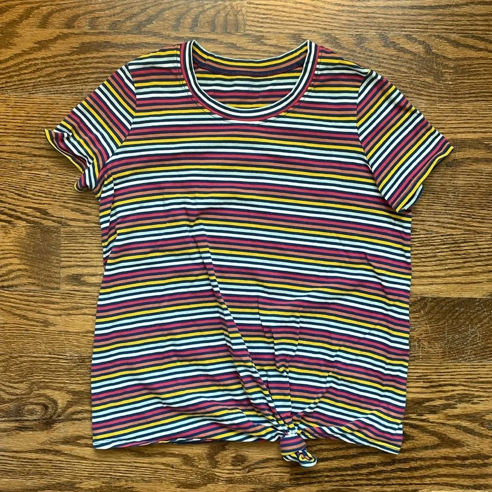 Madewell Rainbow Stripe Knot Crewneck Short Sleeve T Shirt XS Yellow Navy Tee - Image 3