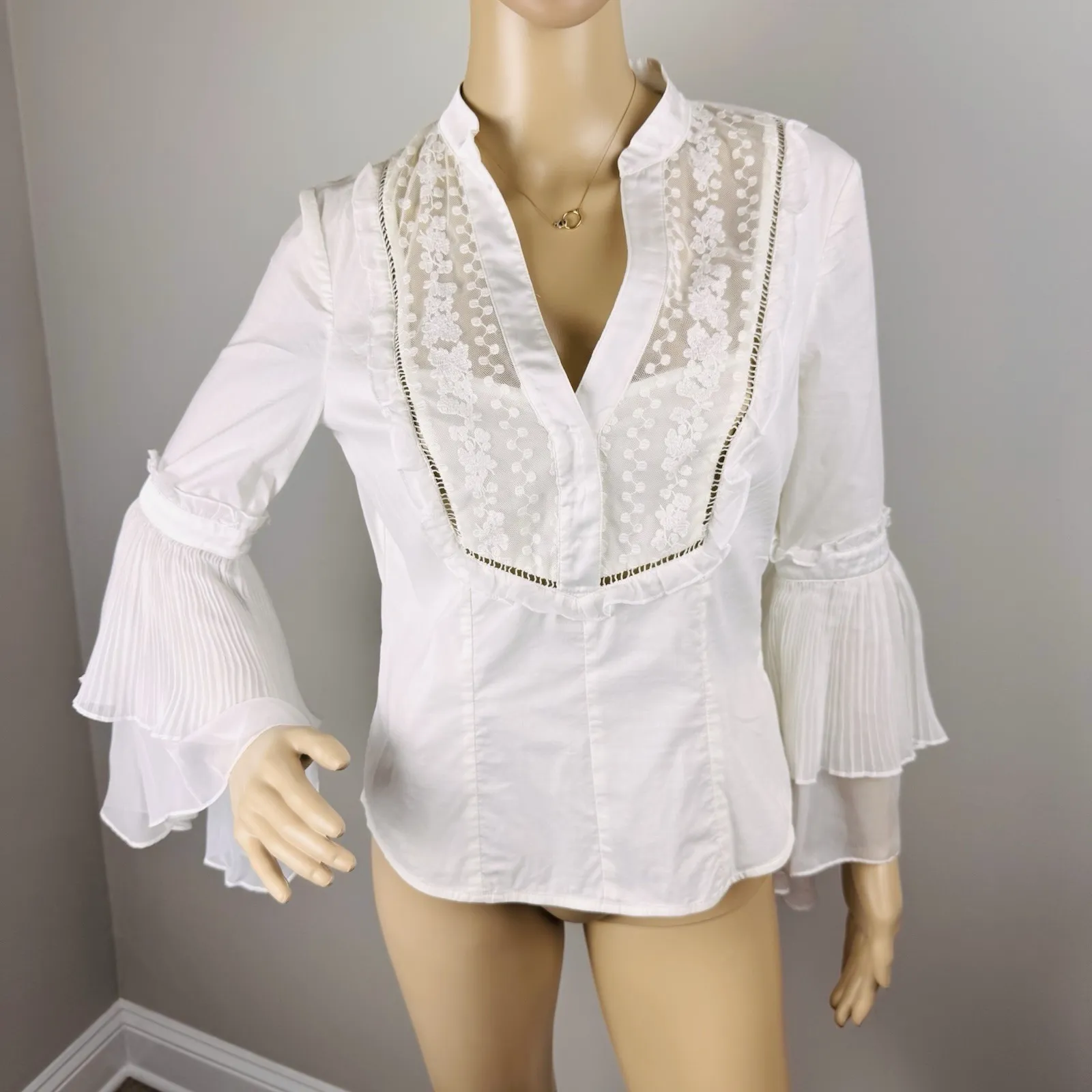 Bebe Women's Sz S Victorian Lace Side Zip Up Top Sz S‎ Coquette Bell Sleeve Y2K - Image 3