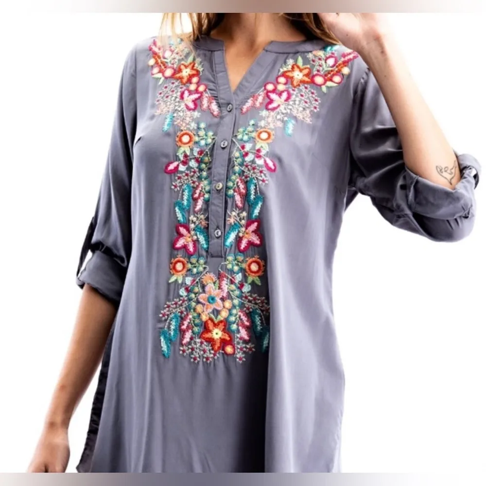 Solitaire Dove Tea Time Garden Tunic top dress gray embroidery colorful size L - Image 3