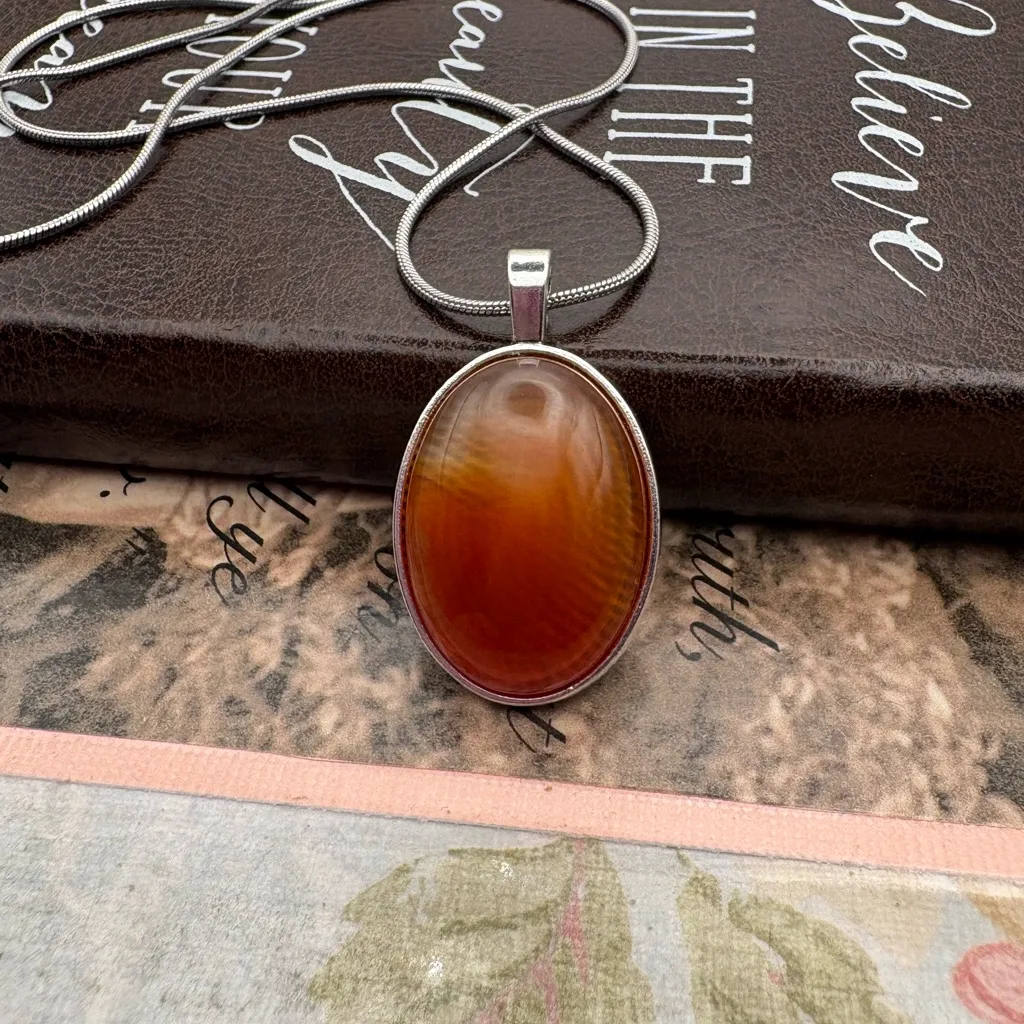 Banded Agate Carnelian Tone Pendant Necklace 20” Stainless Steel - Image 3