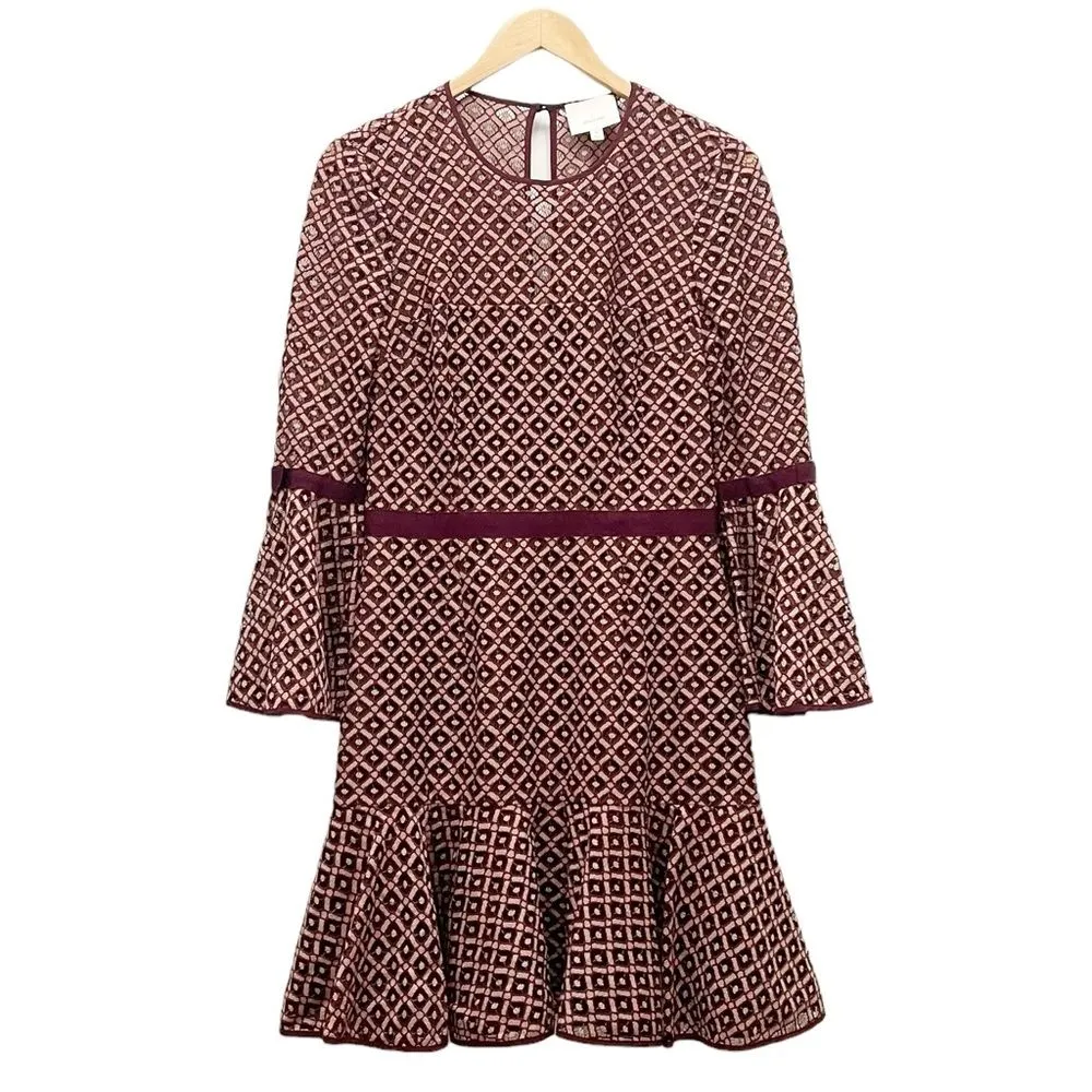 Cinq a Sept Cosette Dress Bell Sleeve Mulberry Pink Lace Overlay Babydoll Size 8 Red - Image 3