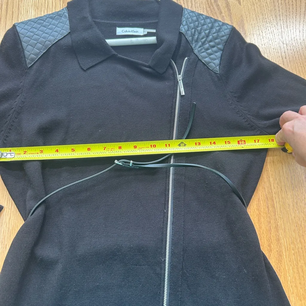 Calvin Klein Knit Long Sleeved Dress Black Size Large Belt Zipper Leather Trim - Image 5