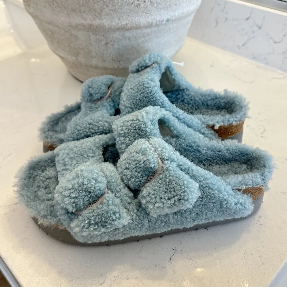 BIRKENSTOCK Arizona Big Buckle Genuine Shearling Slide Sandal in Faded Aqua - Image 8