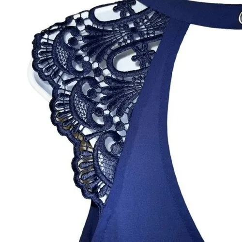 EXPRESS Navy Crochet Flutter Sleeve Top O'Ring Tie‎ Open  Back NWOT  Small - Image 6