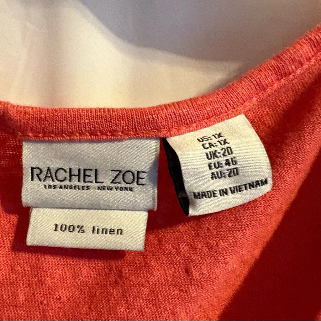 Rachel Zoe Womens Blouse Sz 1X 100% Linen‎ V Neck Pullover Coral Pink Breathable - Image 3